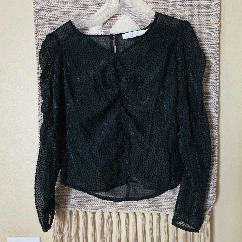 ASTR The Label Black Swiss Dot Sheer Long Sleeve Twist Front Blouse Top Size S